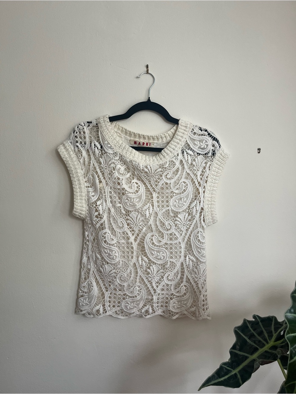 Marni Ivory Lace Crochet Short Sleeve Top
